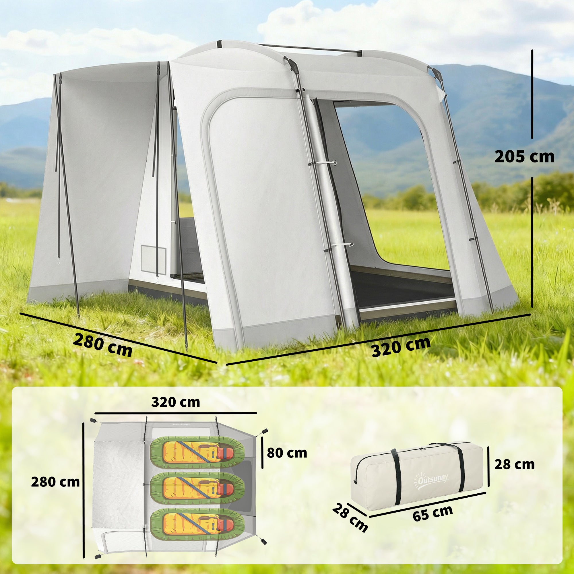 SUV Tailgate Tent for 2–4 People — 2-in-1 Waterproof Tunnel Tent with 4 Doors, Large Window, Porch, Groundsheet & Carry Bag (320 × 280 × 205 cm)