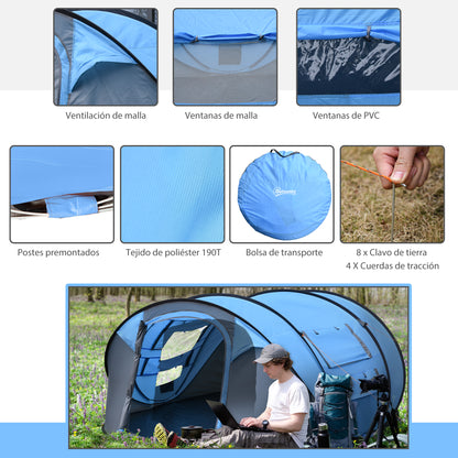 Pop up Camping Tent for 4-5 People Instant Camping Tent with Windows Pockets and Waterproof UV Protection Carry Bag 263.5x220x123 cm Blue