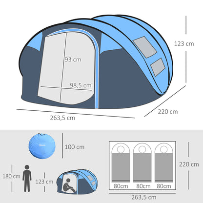 Pop up Camping Tent for 4-5 People Instant Camping Tent with Windows Pockets and Waterproof UV Protection Carry Bag 263.5x220x123 cm Blue