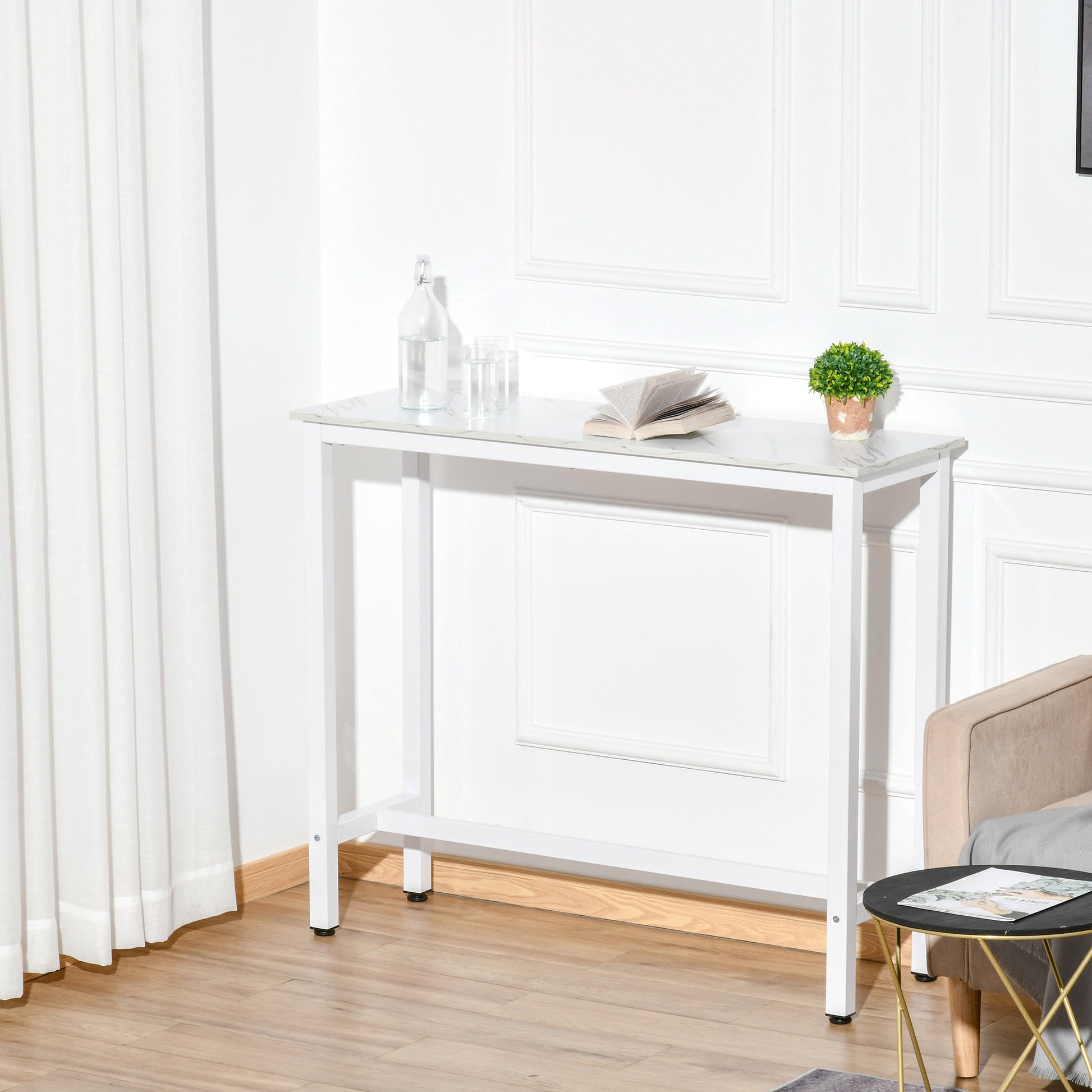 Bar Table High Table with Melamine Countertop Marble Effect and Steel Legs Modern Style for Kitchen Cafeteria Dining Room 120x40x100 cm White