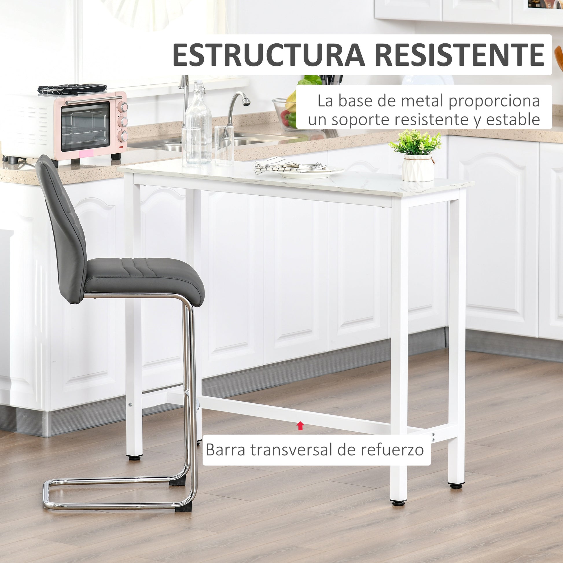 Bar Table High Table with Melamine Countertop Marble Effect and Steel Legs Modern Style for Kitchen Cafeteria Dining Room 120x40x100 cm White