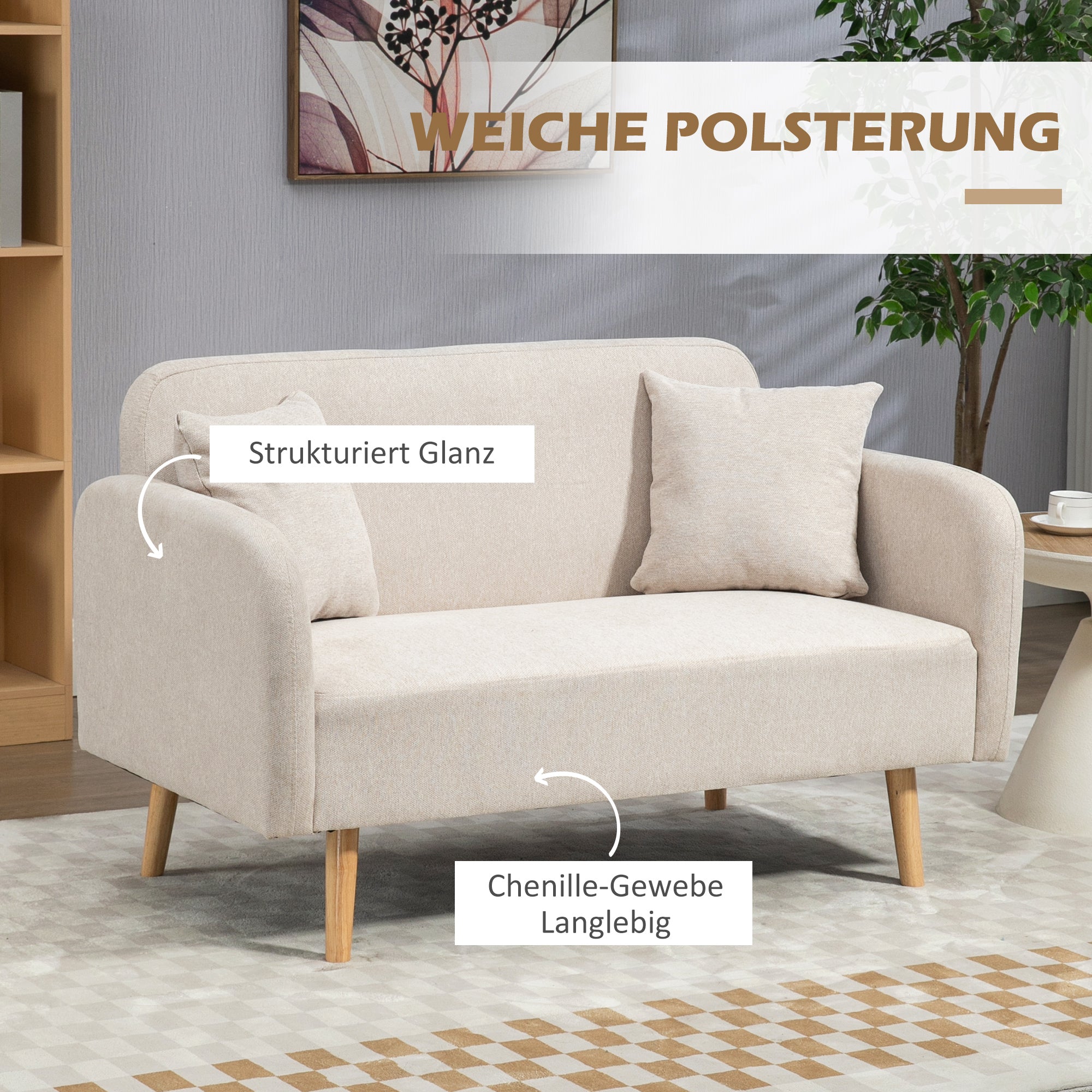 2 Seater Sofa, Couch with 2 Throw Pillows, Padded Loveseat, Upholstered Sofa with Velvet Touch, Armrest, Loveseat for Living Room, Bedroom, 130 x 70 x 80 cm, Cream