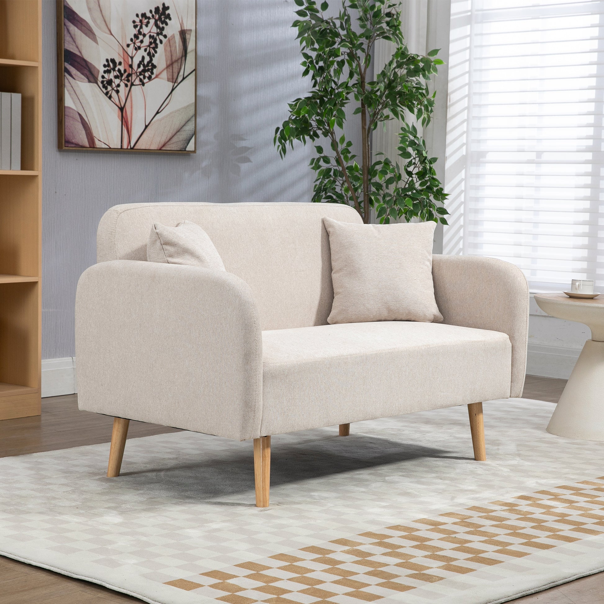 2 Seater Sofa, Couch with 2 Throw Pillows, Padded Loveseat, Upholstered Sofa with Velvet Touch, Armrest, Loveseat for Living Room, Bedroom, 130 x 70 x 80 cm, Cream