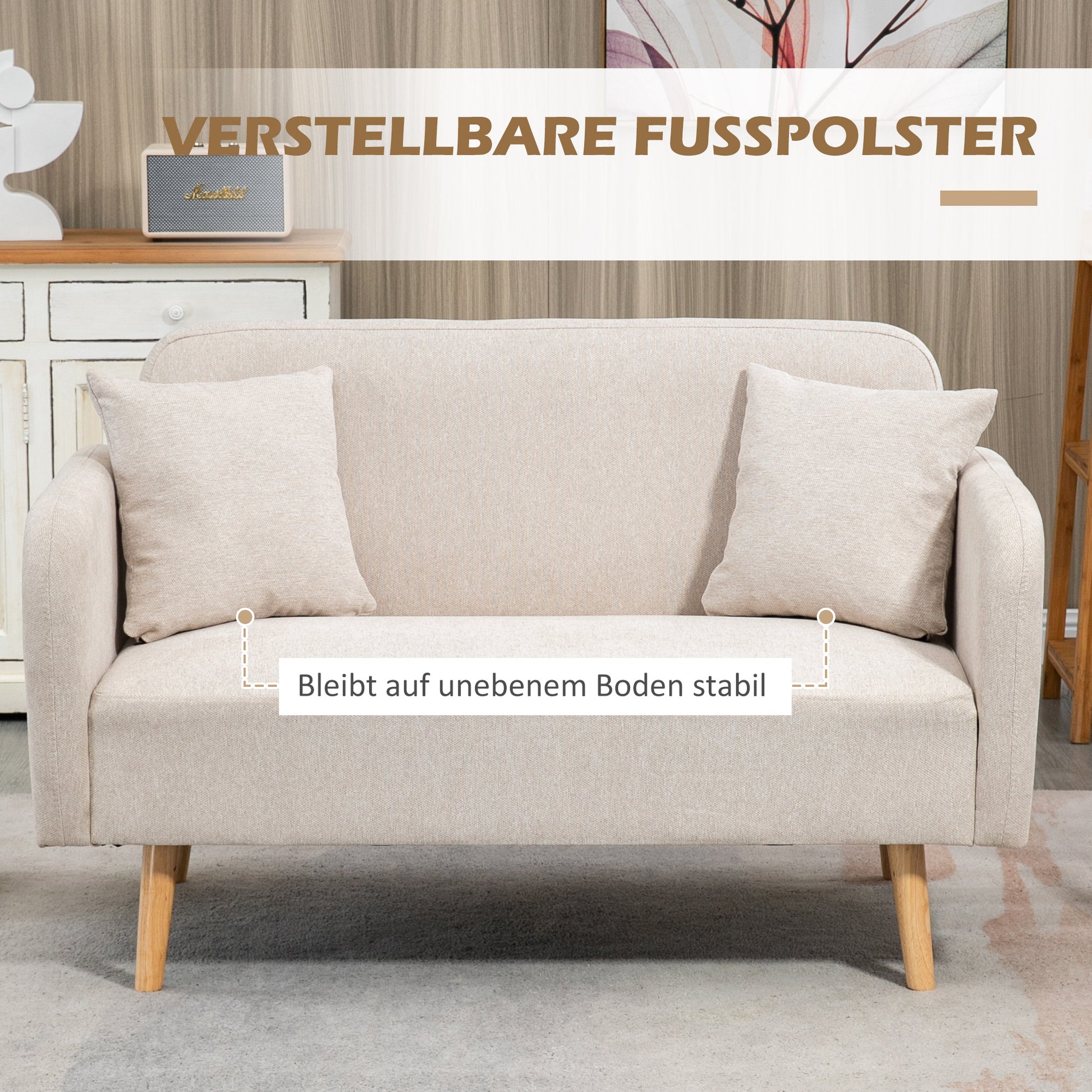 2 Seater Sofa, Couch with 2 Throw Pillows, Padded Loveseat, Upholstered Sofa with Velvet Touch, Armrest, Loveseat for Living Room, Bedroom, 130 x 70 x 80 cm, Cream