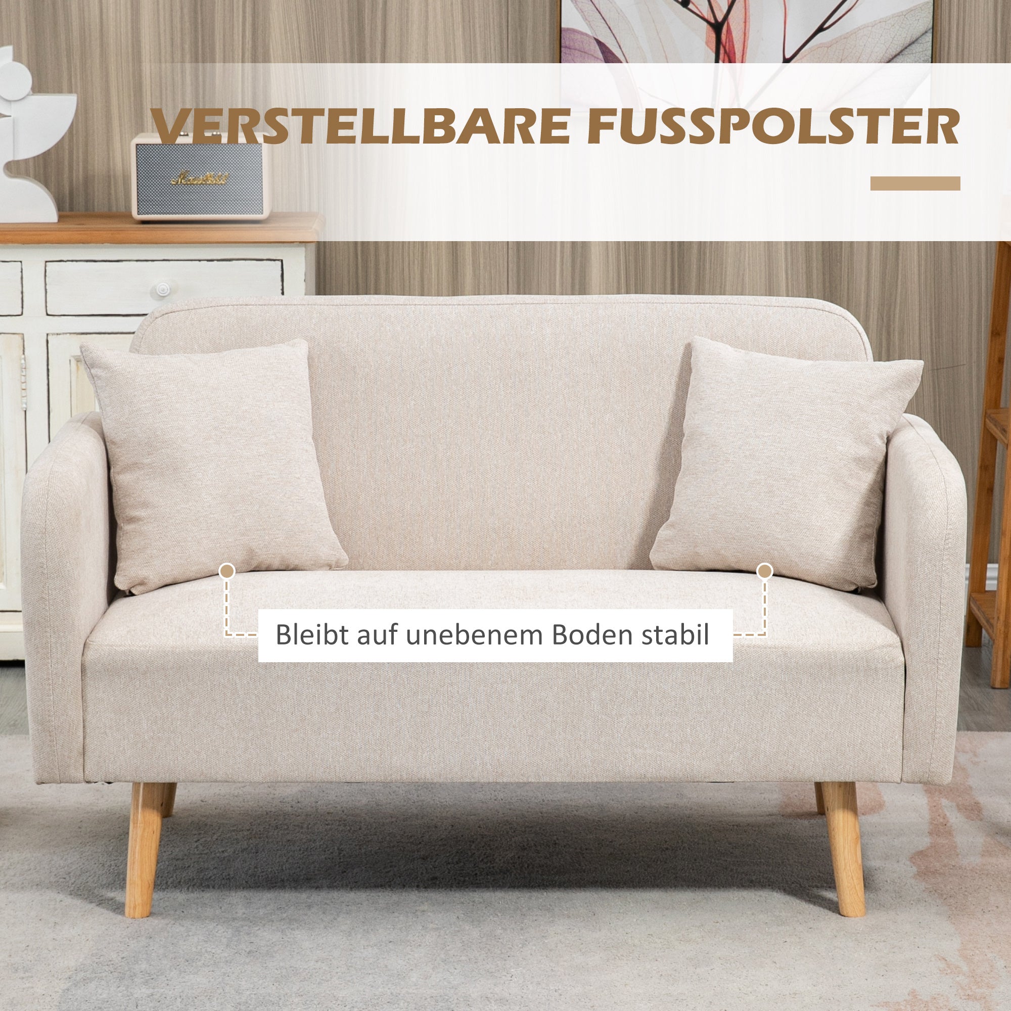 2 Seater Sofa, Couch with 2 Throw Pillows, Padded Loveseat, Upholstered Sofa with Velvet Touch, Armrest, Loveseat for Living Room, Bedroom, 130 x 70 x 80 cm, Cream