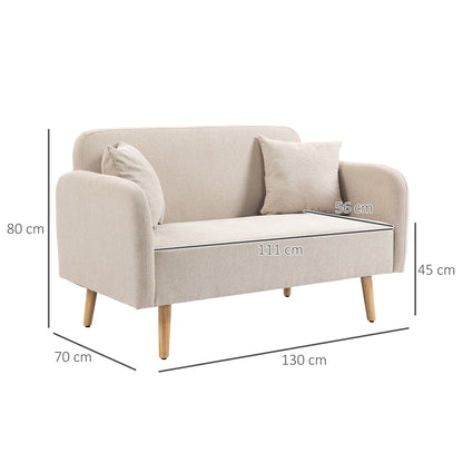 2 Seater Sofa, Couch with 2 Throw Pillows, Padded Loveseat, Upholstered Sofa with Velvet Touch, Armrest, Loveseat for Living Room, Bedroom, 130 x 70 x 80 cm, Cream