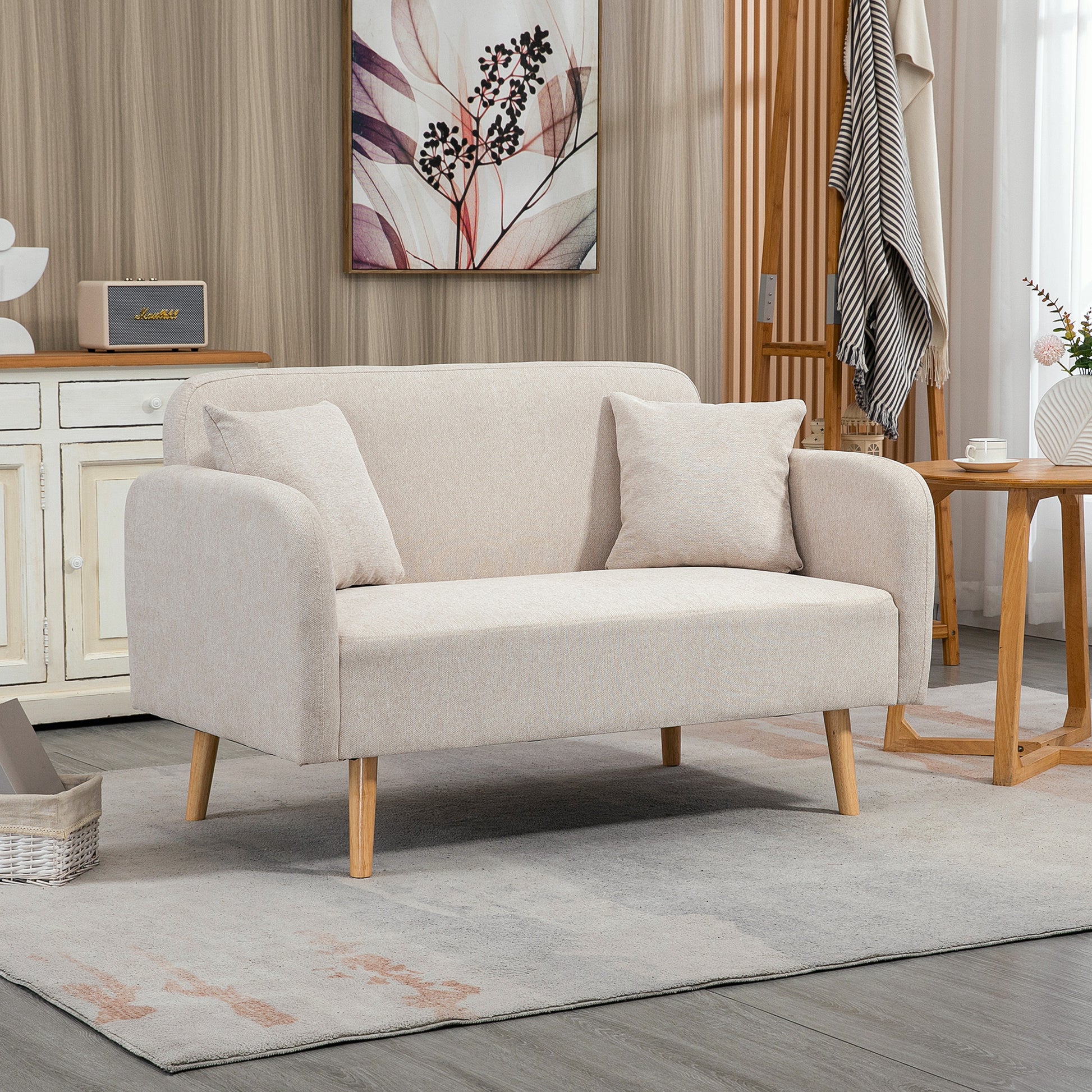 2 Seater Sofa, Couch with 2 Throw Pillows, Padded Loveseat, Upholstered Sofa with Velvet Touch, Armrest, Loveseat for Living Room, Bedroom, 130 x 70 x 80 cm, Cream