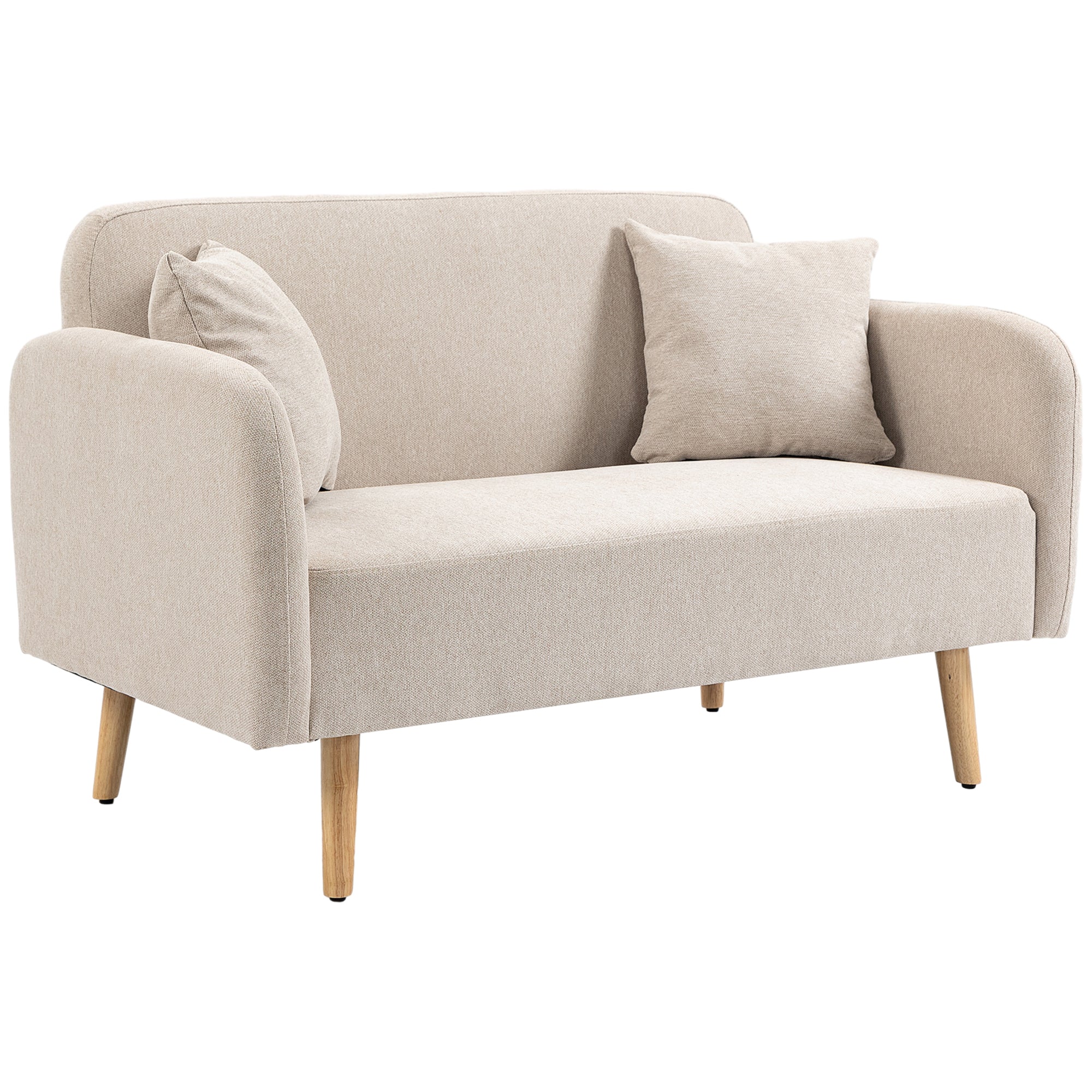2 Seater Sofa, Couch with 2 Throw Pillows, Padded Loveseat, Upholstered Sofa with Velvet Touch, Armrest, Loveseat for Living Room, Bedroom, 130 x 70 x 80 cm, Cream