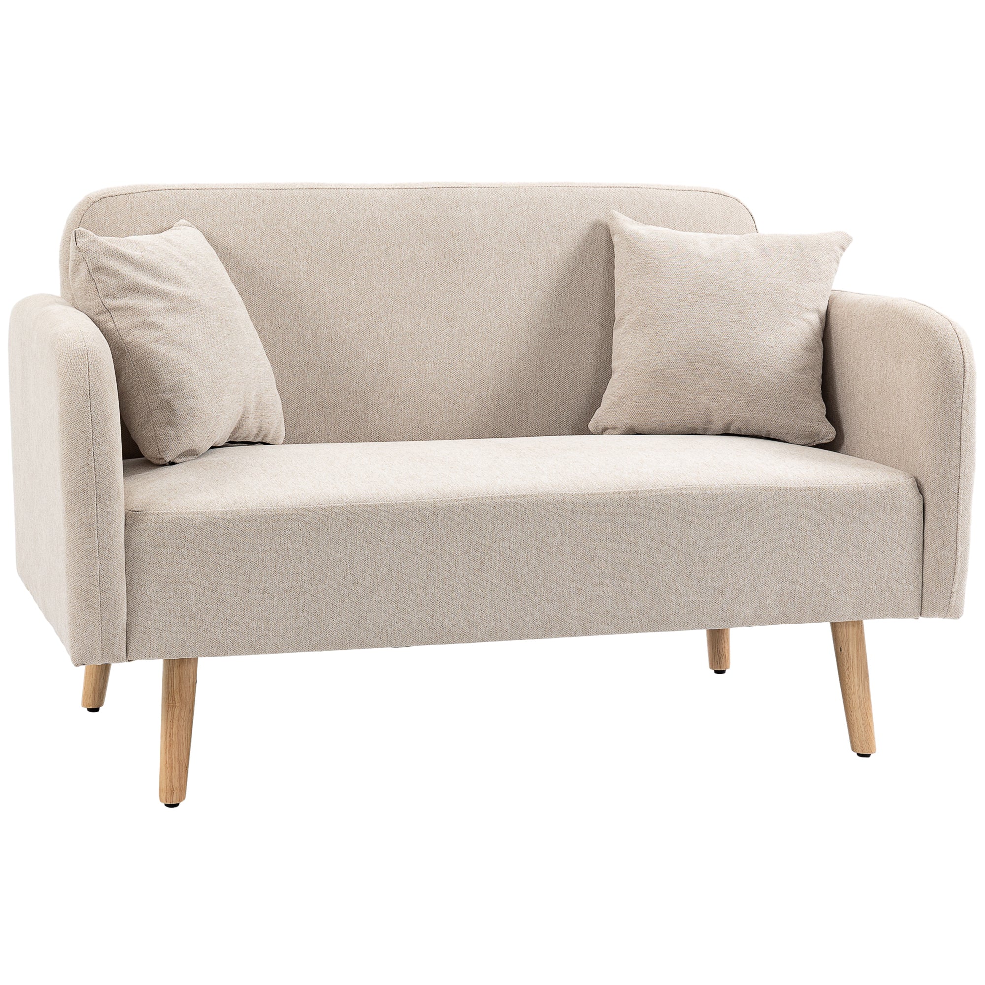 2 Seater Sofa, Couch with 2 Throw Pillows, Padded Loveseat, Upholstered Sofa with Velvet Touch, Armrest, Loveseat for Living Room, Bedroom, 130 x 70 x 80 cm, Cream