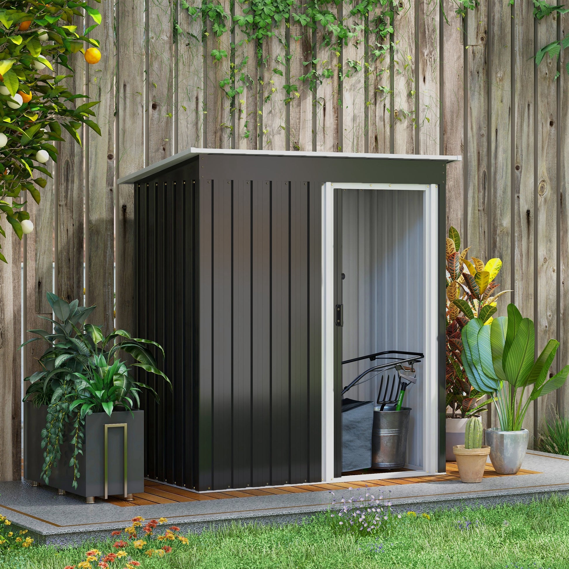 Garden Exterior Shed 1.16 m² 163x89x182 cm Metal Garden Shed with Sliding Door and Sloped Roof Outdoor Cabinet for Garden Terrace Patio Black