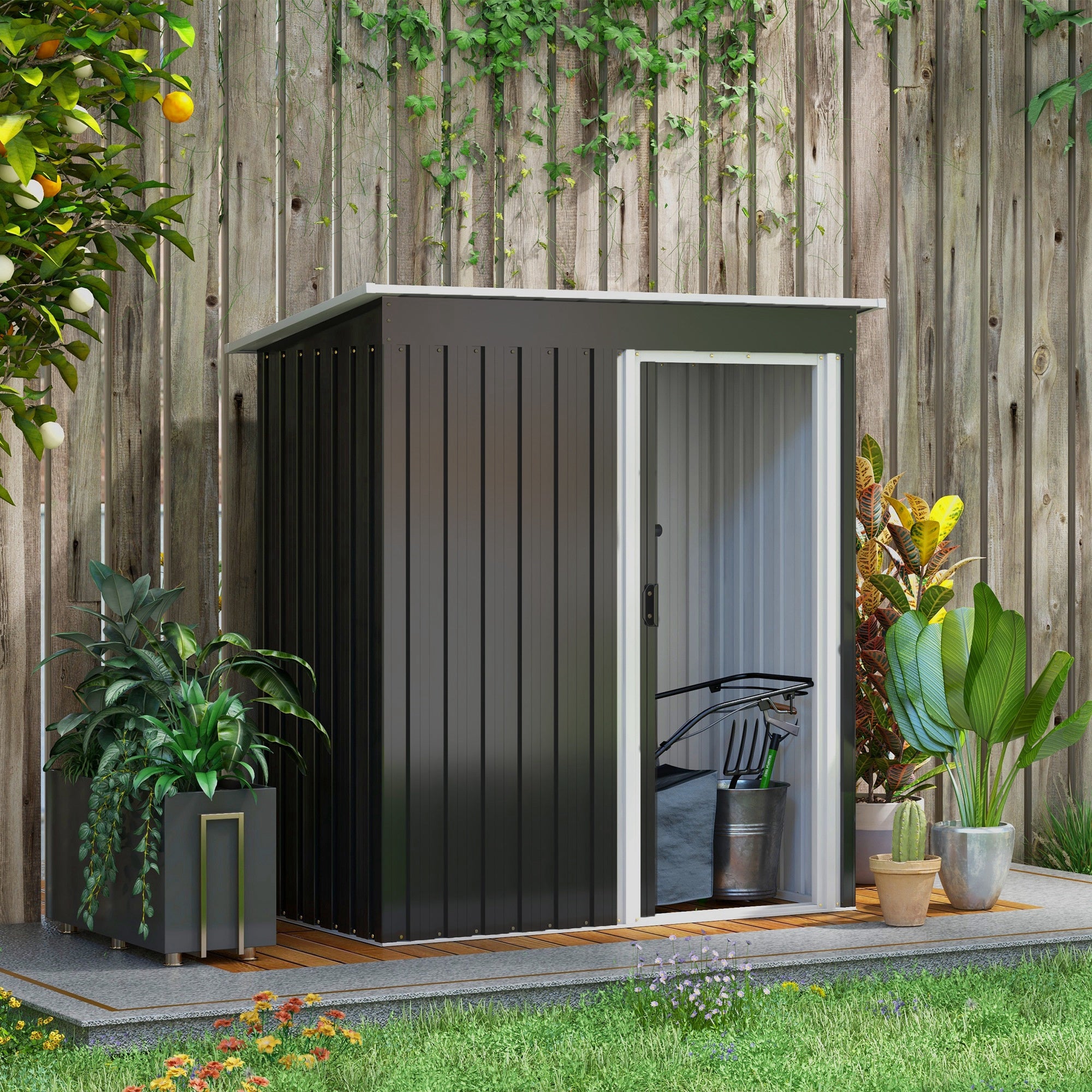 Garden Exterior Shed 1.16 m² 163x89x182 cm Metal Garden Shed with Sliding Door and Sloped Roof Outdoor Cabinet for Garden Terrace Patio Black