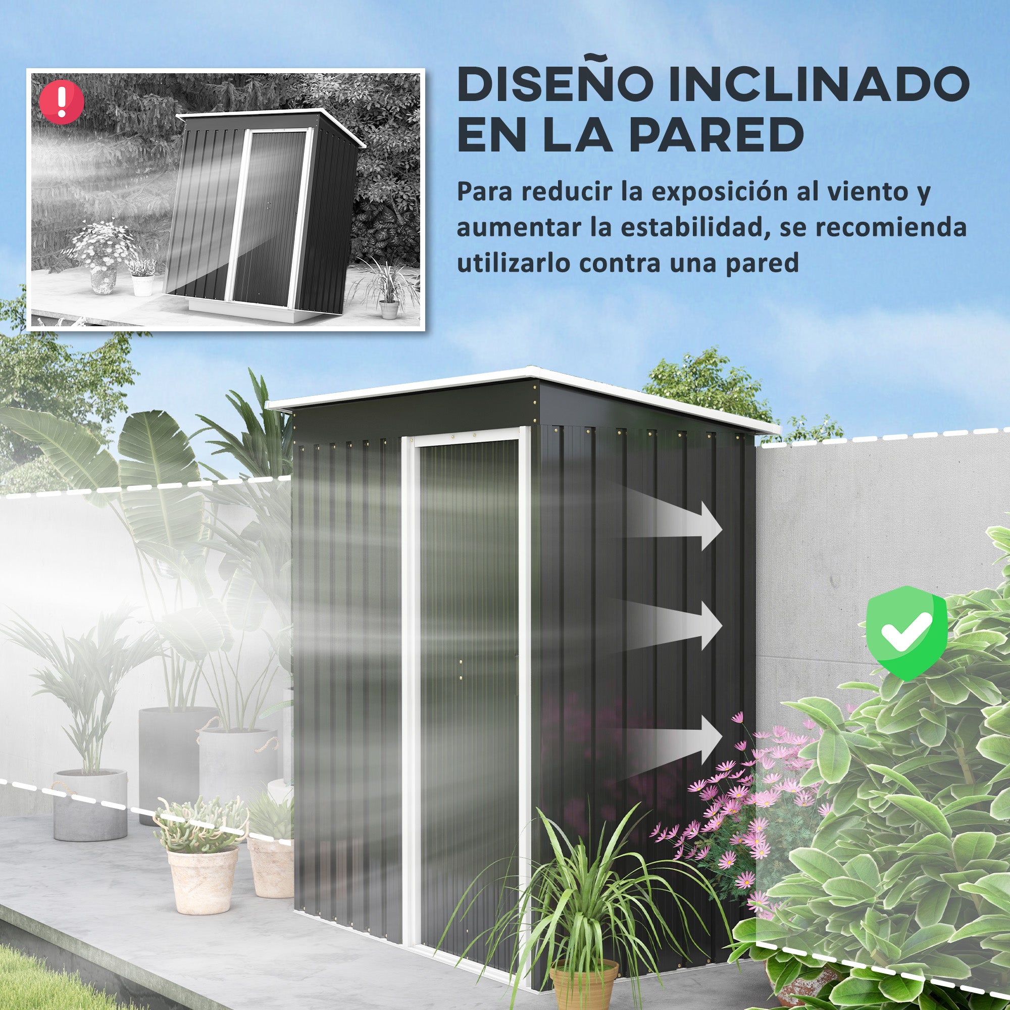 Garden Exterior Shed 1.16 m² 163x89x182 cm Metal Garden Shed with Sliding Door and Sloped Roof Outdoor Cabinet for Garden Terrace Patio Black