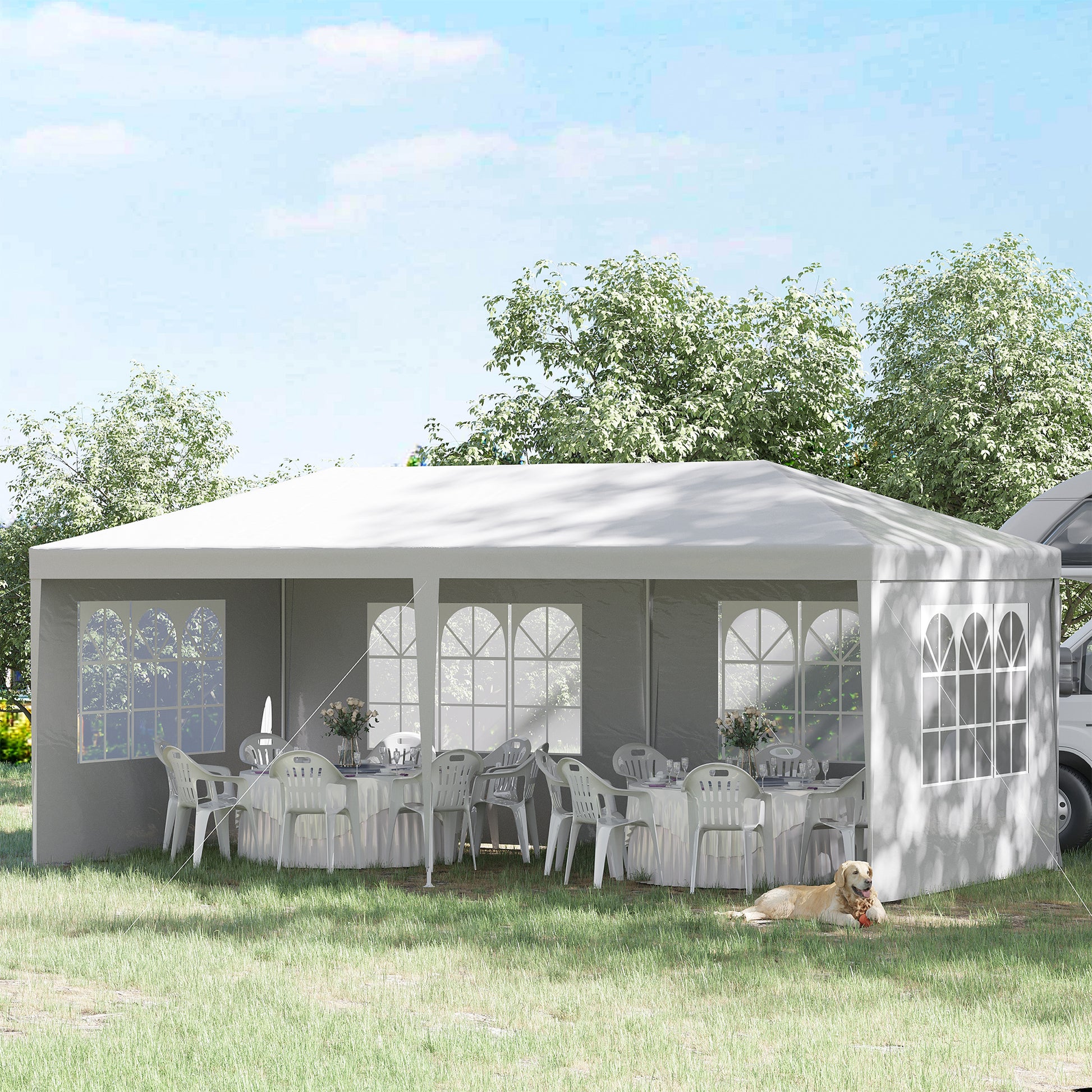 Garden Gazebo with Detachable Sides 6x3 m Canopy Pavilion with 4 Transparent Windows 12 Drainage Holes and Anti-UV Steel Frame Waterproof Outdoor Terrace Canopy White