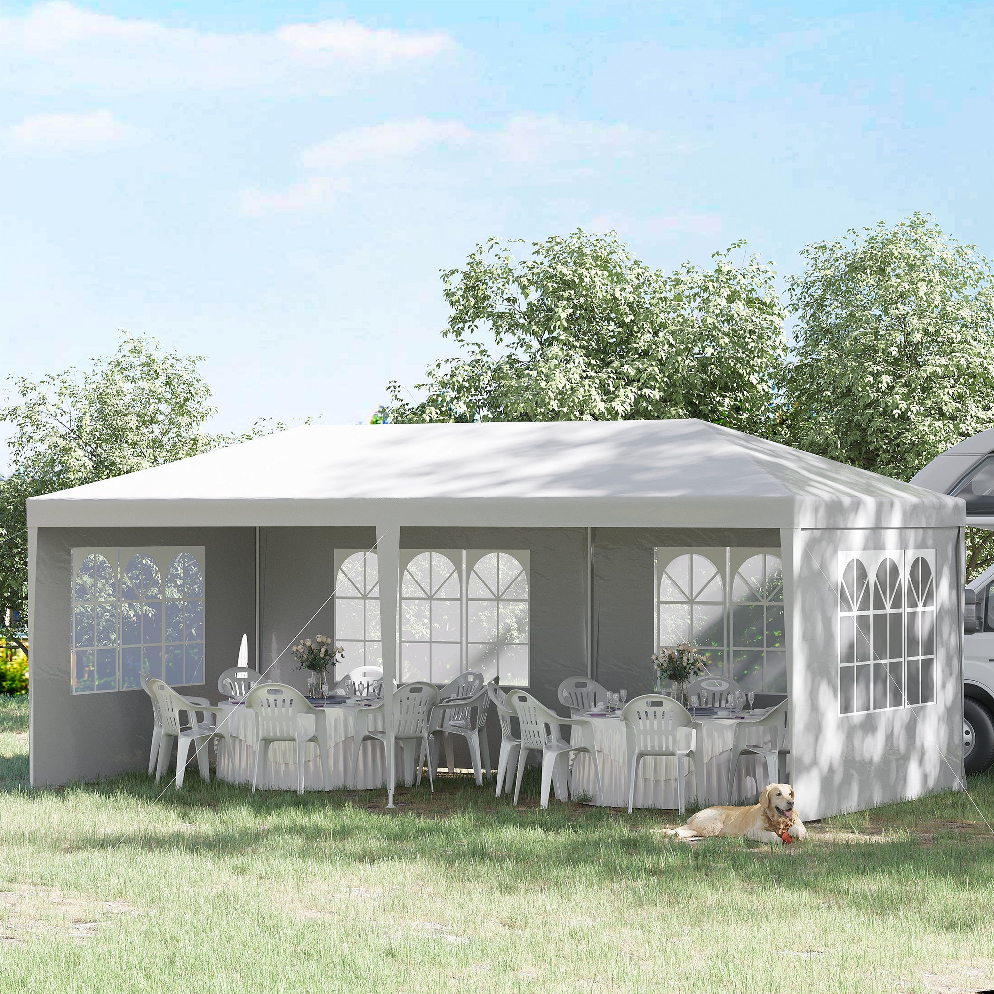 Garden Gazebo with Detachable Sides 6x3 m Canopy Pavilion with 4 Transparent Windows 12 Drainage Holes and Anti-UV Steel Frame Waterproof Outdoor Terrace Canopy White