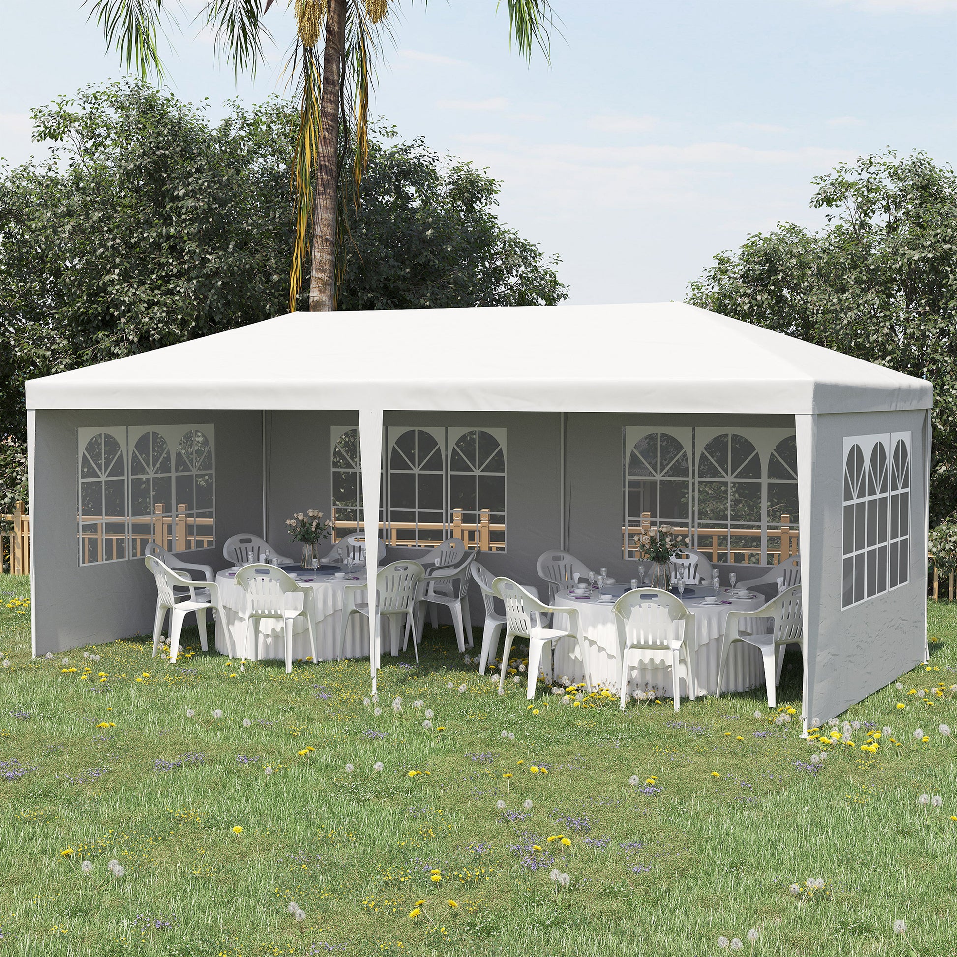 Garden Gazebo with Detachable Sides 6x3 m Canopy Pavilion with 4 Transparent Windows 12 Drainage Holes and Anti-UV Steel Frame Waterproof Outdoor Terrace Canopy White