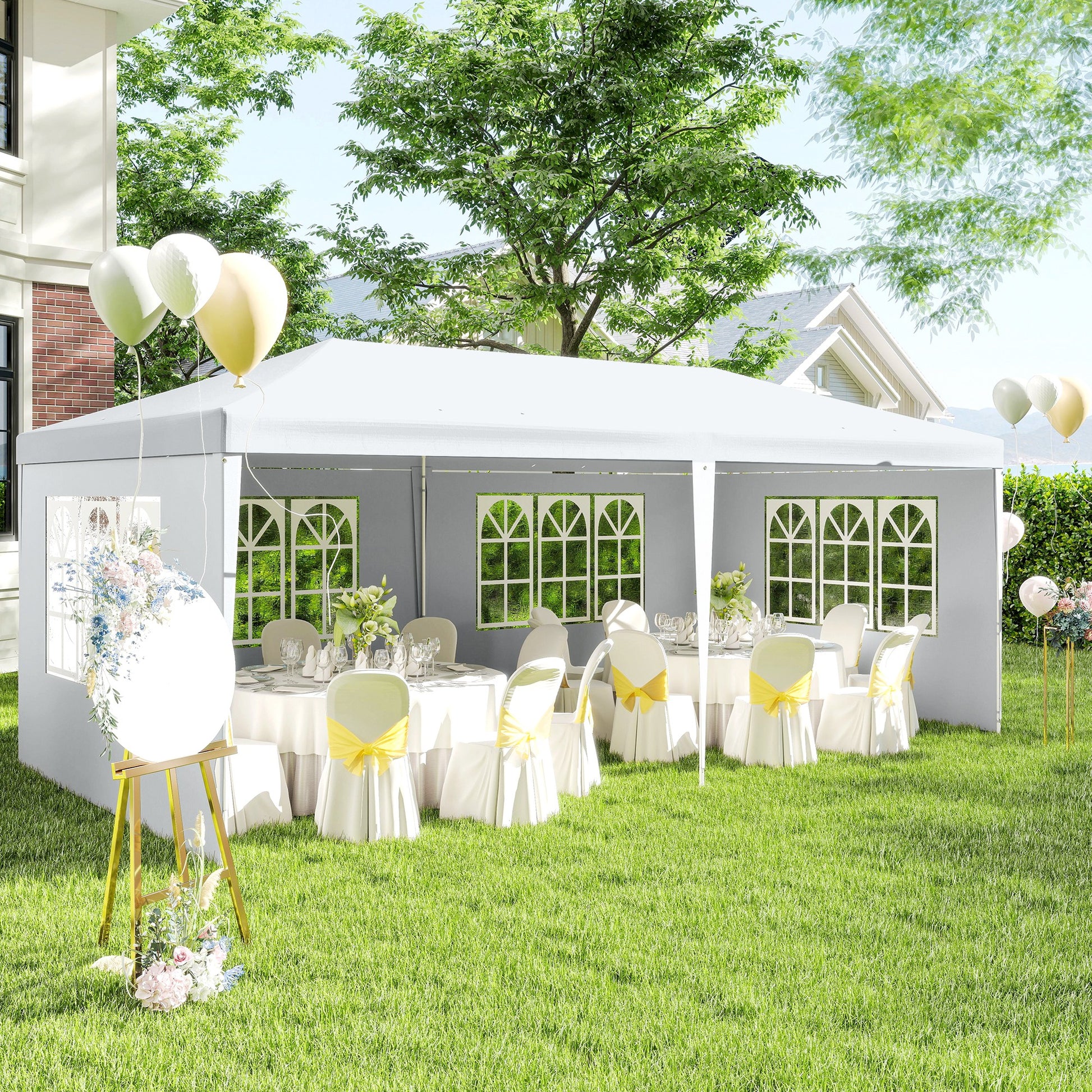 Garden Gazebo with Detachable Sides 6x3 m Canopy Pavilion with 4 Transparent Windows 12 Drainage Holes and Anti-UV Steel Frame Waterproof Outdoor Terrace Canopy White