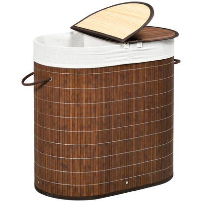 Bamboo Laundry Basket with Lid 2 Compartments 100 L Laundry Hamper with Handles, Removable Laundry Bag, Laundry Baskets Laundry Sorter for Laundry Room Bedroom Bathroom, Brown