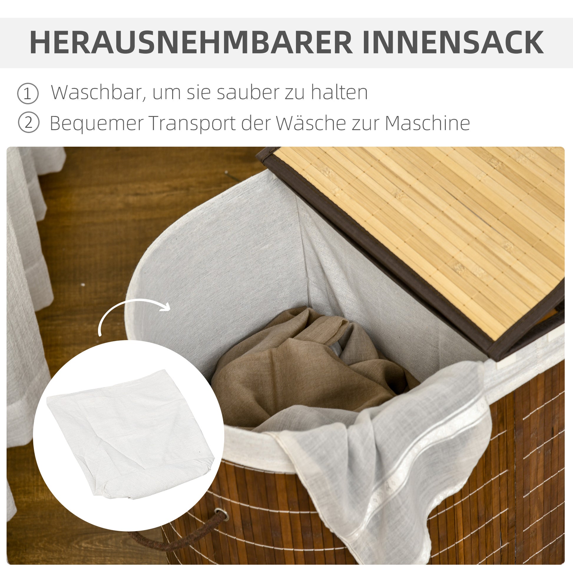 Bamboo Laundry Basket with Lid 2 Compartments 100 L Laundry Hamper with Handles, Removable Laundry Bag, Laundry Baskets Laundry Sorter for Laundry Room Bedroom Bathroom, Brown
