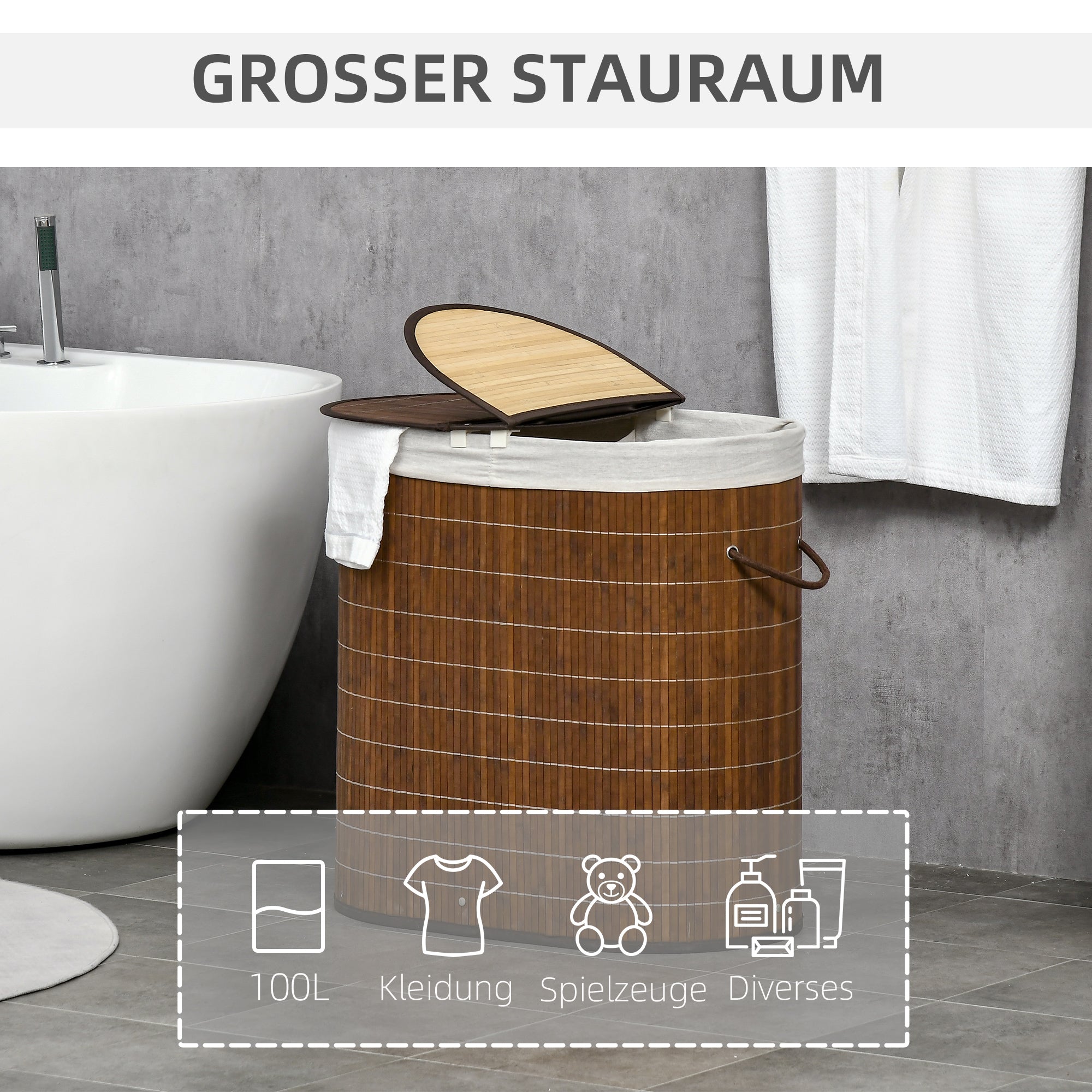 Bamboo Laundry Basket with Lid 2 Compartments 100 L Laundry Hamper with Handles, Removable Laundry Bag, Laundry Baskets Laundry Sorter for Laundry Room Bedroom Bathroom, Brown