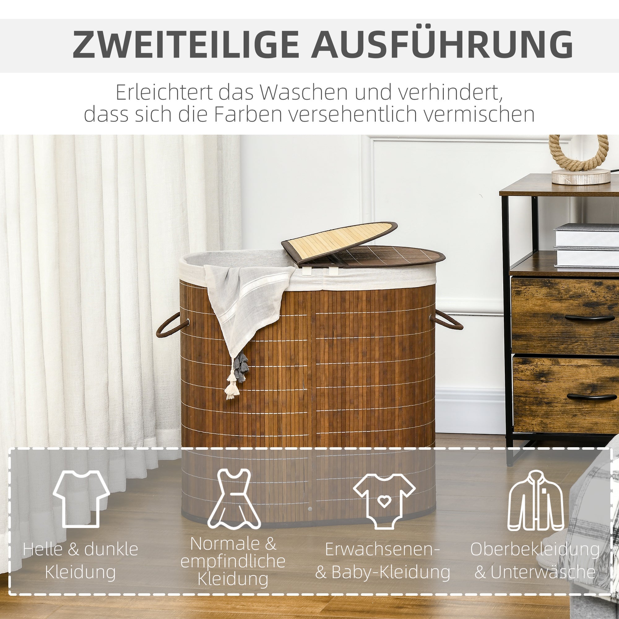 Bamboo Laundry Basket with Lid 2 Compartments 100 L Laundry Hamper with Handles, Removable Laundry Bag, Laundry Baskets Laundry Sorter for Laundry Room Bedroom Bathroom, Brown