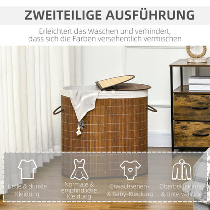 Bamboo Laundry Basket with Lid 2 Compartments 100 L Laundry Hamper with Handles, Removable Laundry Bag, Laundry Baskets Laundry Sorter for Laundry Room Bedroom Bathroom, Brown