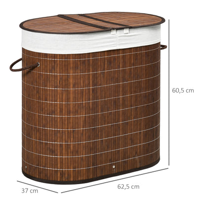 Bamboo Laundry Basket with Lid 2 Compartments 100 L Laundry Hamper with Handles, Removable Laundry Bag, Laundry Baskets Laundry Sorter for Laundry Room Bedroom Bathroom, Brown