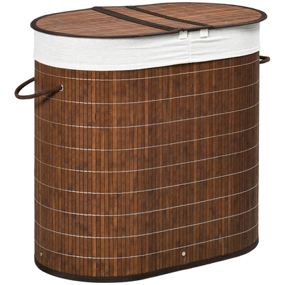 Bamboo Laundry Basket with Lid 2 Compartments 100 L Laundry Hamper with Handles, Removable Laundry Bag, Laundry Baskets Laundry Sorter for Laundry Room Bedroom Bathroom, Brown