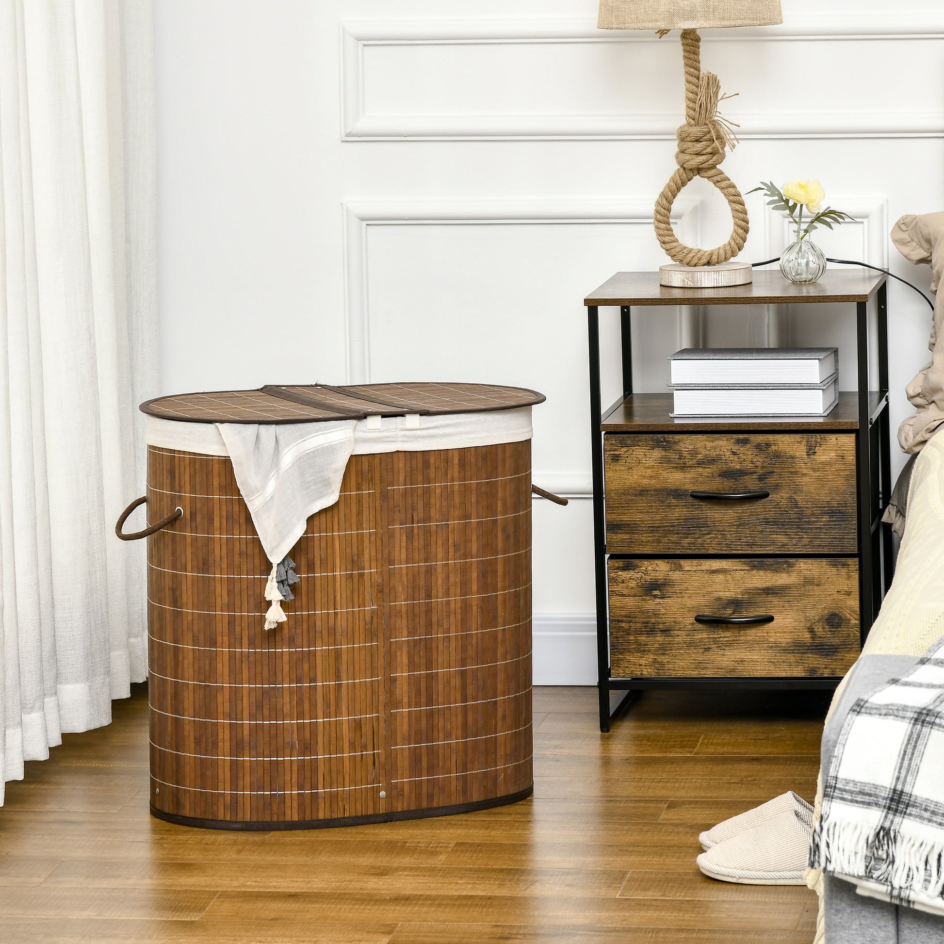 Bamboo Laundry Basket with Lid 2 Compartments 100 L Laundry Hamper with Handles, Removable Laundry Bag, Laundry Baskets Laundry Sorter for Laundry Room Bedroom Bathroom, Brown