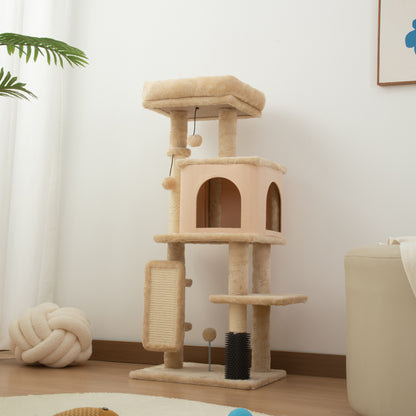 Cat Scratching Tree Height 104 cm Cat Tower with Platforms Post Brush Hanging Balls and Scratching Mat Beige