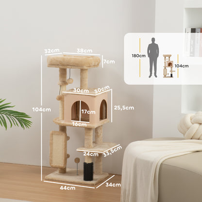 Cat Scratching Tree Height 104 cm Cat Tower with Platforms Post Brush Hanging Balls and Scratching Mat Beige
