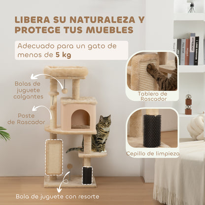 Cat Scratching Tree Height 104 cm Cat Tower with Platforms Post Brush Hanging Balls and Scratching Mat Beige
