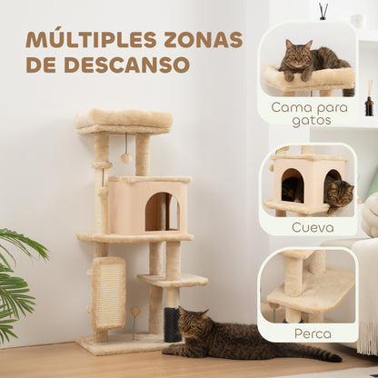 Cat Scratching Tree Height 104 cm Cat Tower with Platforms Post Brush Hanging Balls and Scratching Mat Beige