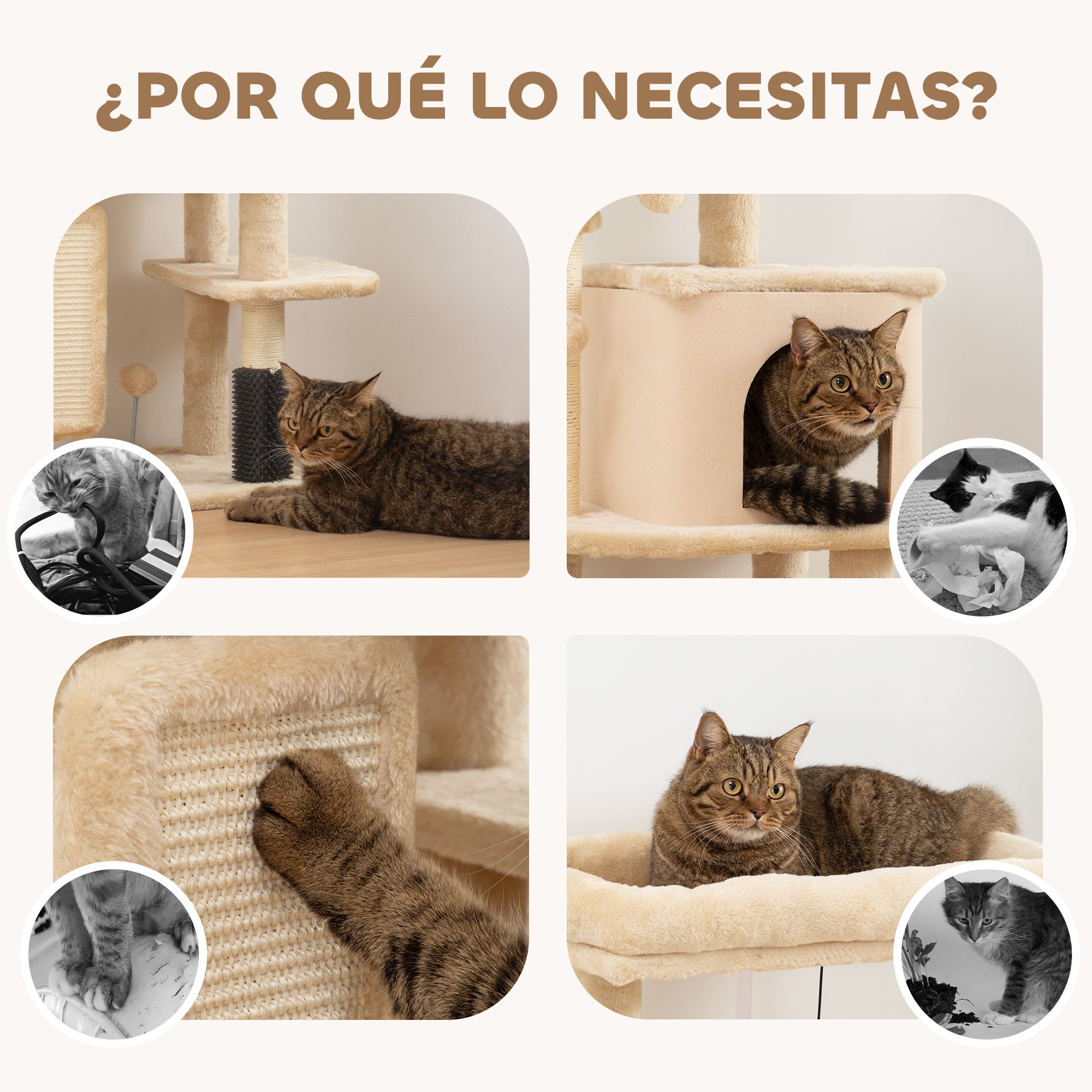 Cat Scratching Tree Height 104 cm Cat Tower with Platforms Post Brush Hanging Balls and Scratching Mat Beige