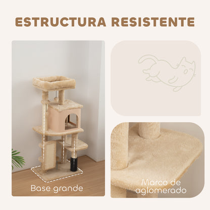 Cat Scratching Tree Height 104 cm Cat Tower with Platforms Post Brush Hanging Balls and Scratching Mat Beige