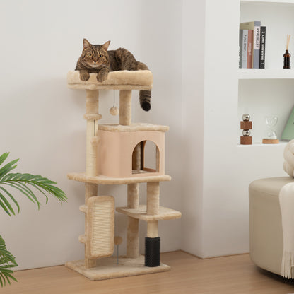 Cat Scratching Tree Height 104 cm Cat Tower with Platforms Post Brush Hanging Balls and Scratching Mat Beige