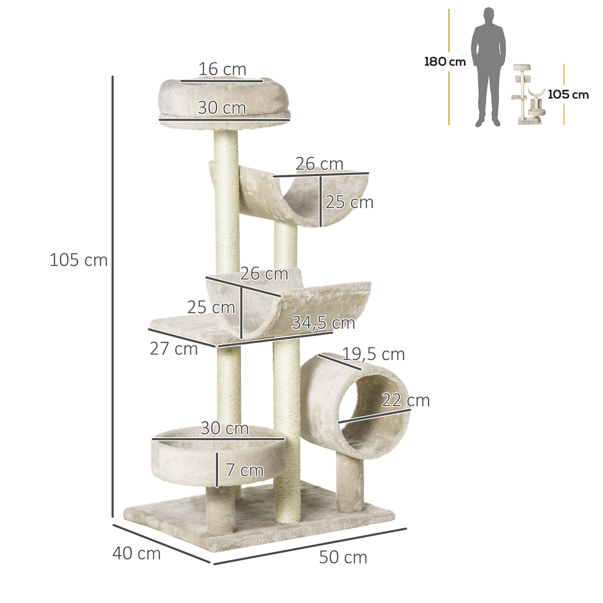 Cat Tree Cat Scratching Post Cat Climbing Tree Scratching Toy Tunnel Beige L50 x W40 x H105 cm