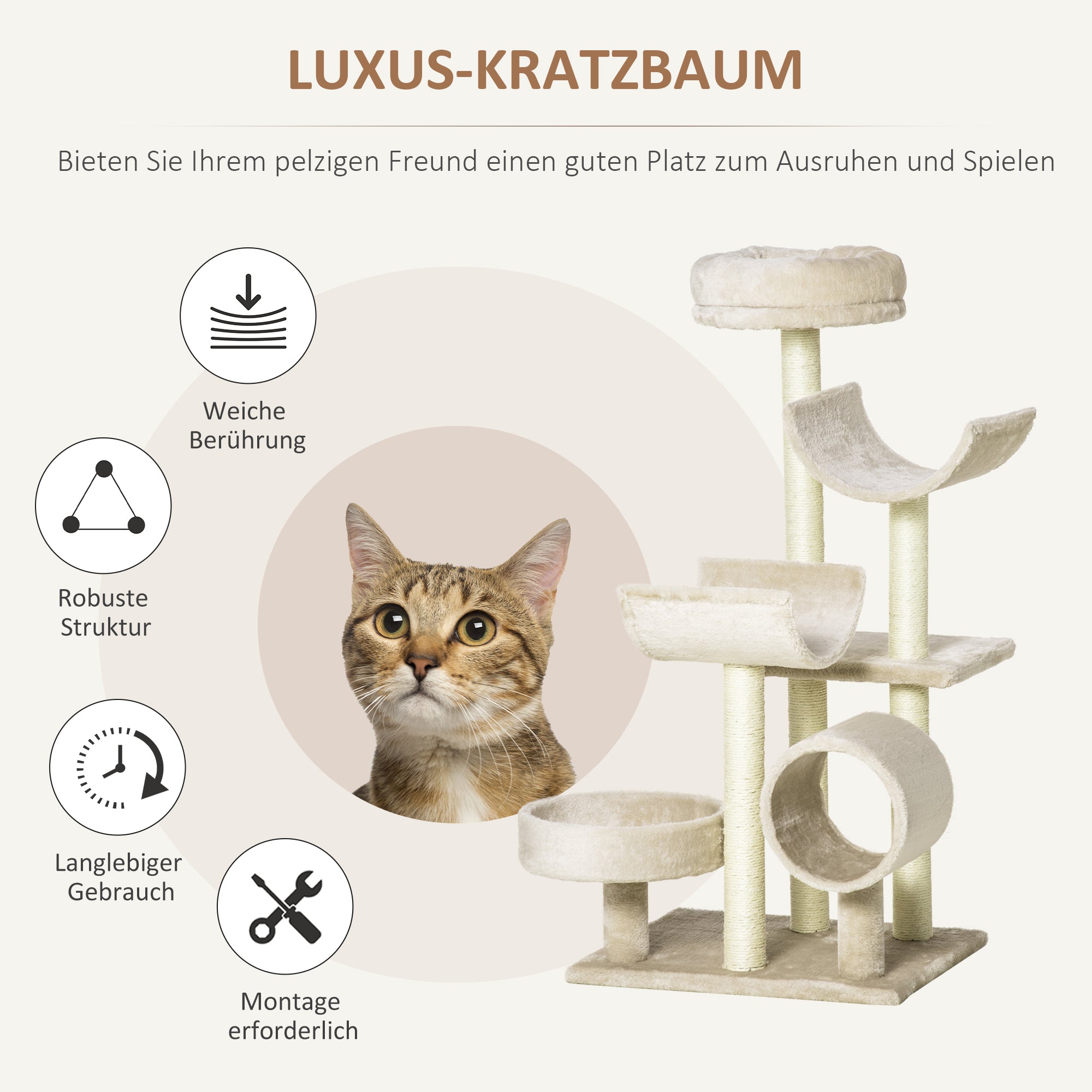 Cat Tree Cat Scratching Post Cat Climbing Tree Scratching Toy Tunnel Beige L50 x W40 x H105 cm