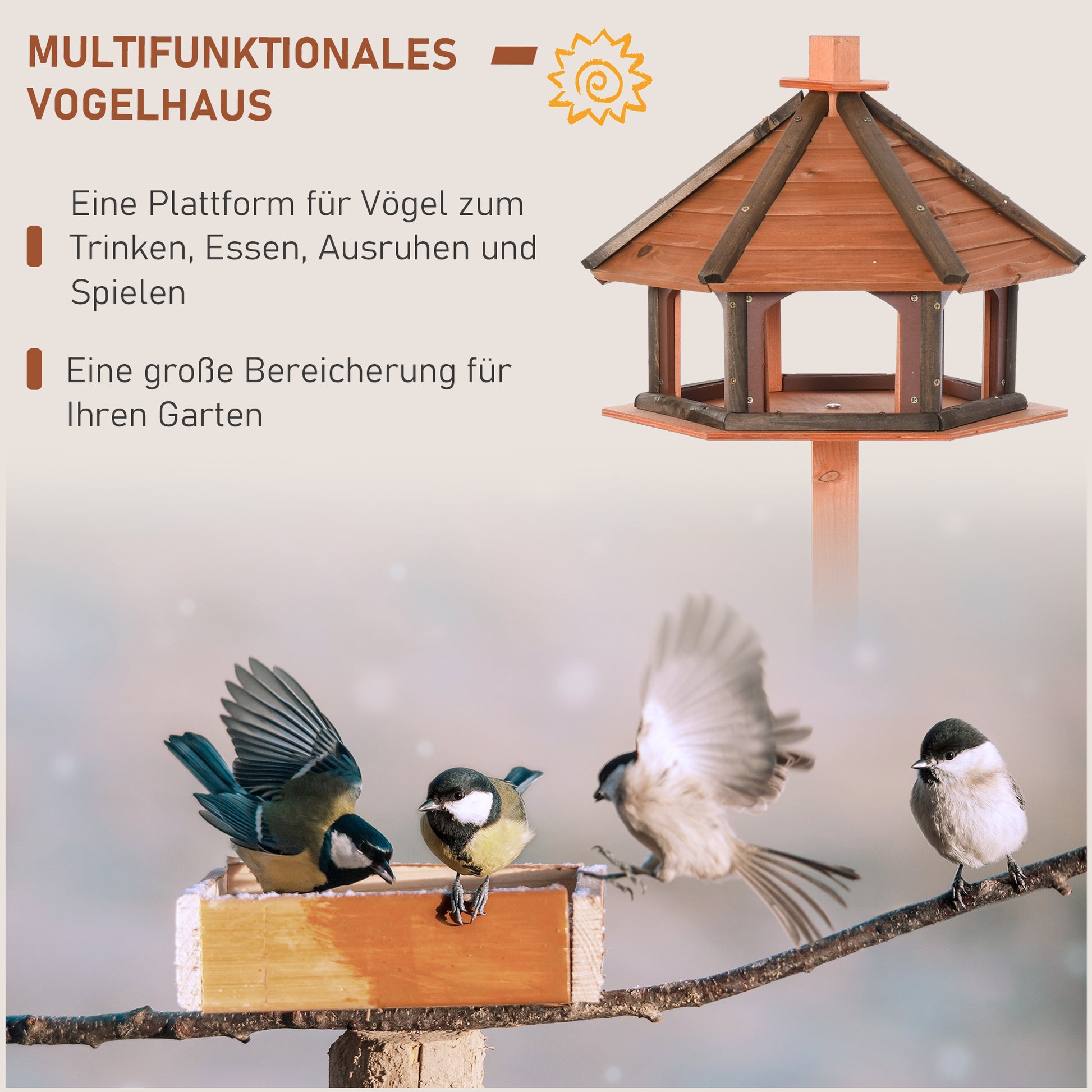 Birdhouse with Stand Weatherproof Bird Feeder House with Weatherproof Roof Wooden Bird Feeder for Wild Birds Ø52 x 130H cm Natural