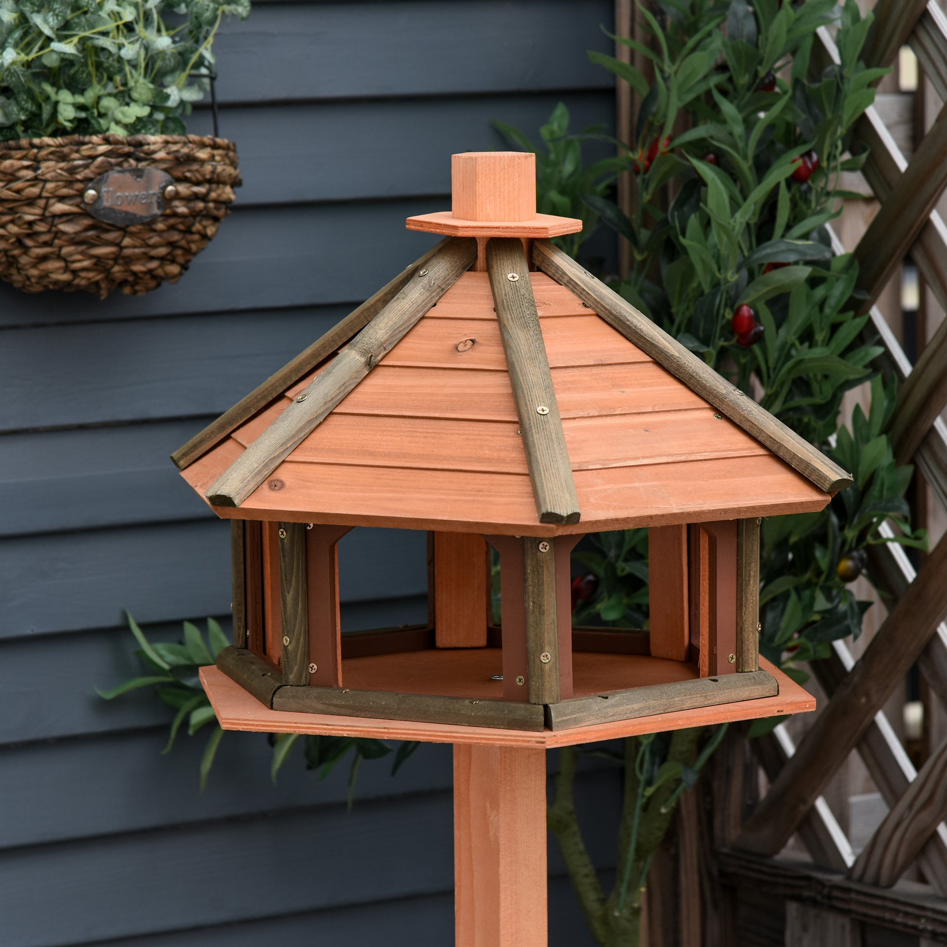 Birdhouse with Stand Weatherproof Bird Feeder House with Weatherproof Roof Wooden Bird Feeder for Wild Birds Ø52 x 130H cm Natural