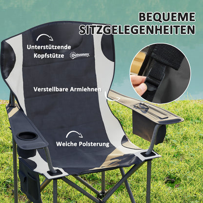 Set of 2 Folding Camping Chairs with Armrests, Drink Holder, Headrest, Cooler Bag Outdoor Folding Chair up to 120kg Load Capacity Padded Fishing Chair Garden Chair for Garden Camping