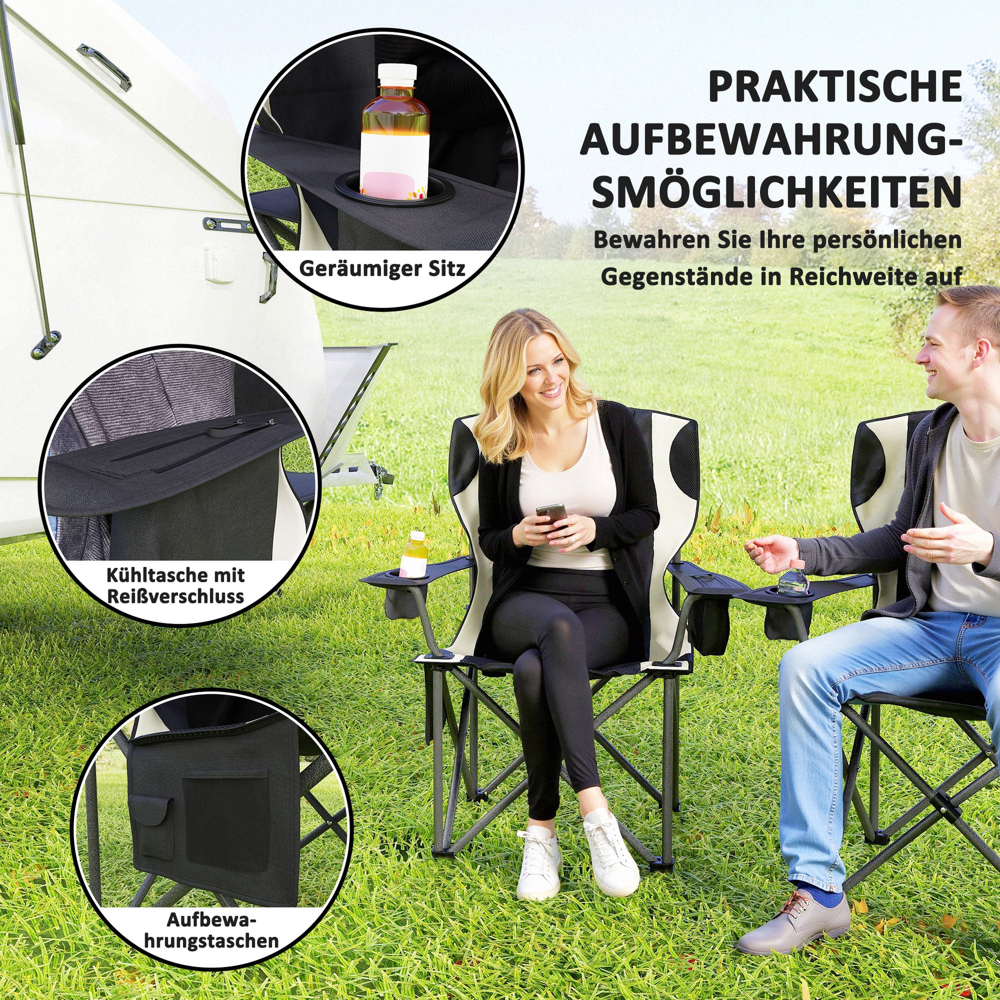 Set of 2 Folding Camping Chairs with Armrests, Drink Holder, Headrest, Cooler Bag Outdoor Folding Chair up to 120kg Load Capacity Padded Fishing Chair Garden Chair for Garden Camping