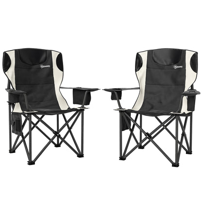 Set of 2 Folding Camping Chairs with Armrests, Drink Holder, Headrest, Cooler Bag Outdoor Folding Chair up to 120kg Load Capacity Padded Fishing Chair Garden Chair for Garden Camping
