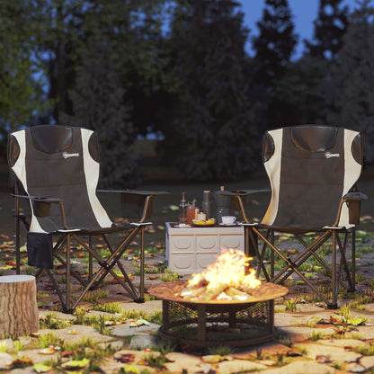 Set of 2 Folding Camping Chairs with Armrests, Drink Holder, Headrest, Cooler Bag Outdoor Folding Chair up to 120kg Load Capacity Padded Fishing Chair Garden Chair for Garden Camping