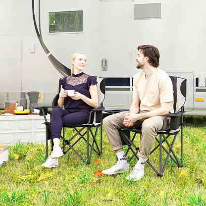 Set of 2 Folding Camping Chairs with Armrests, Drink Holder, Headrest, Cooler Bag Outdoor Folding Chair up to 120kg Load Capacity Padded Fishing Chair Garden Chair for Garden Camping