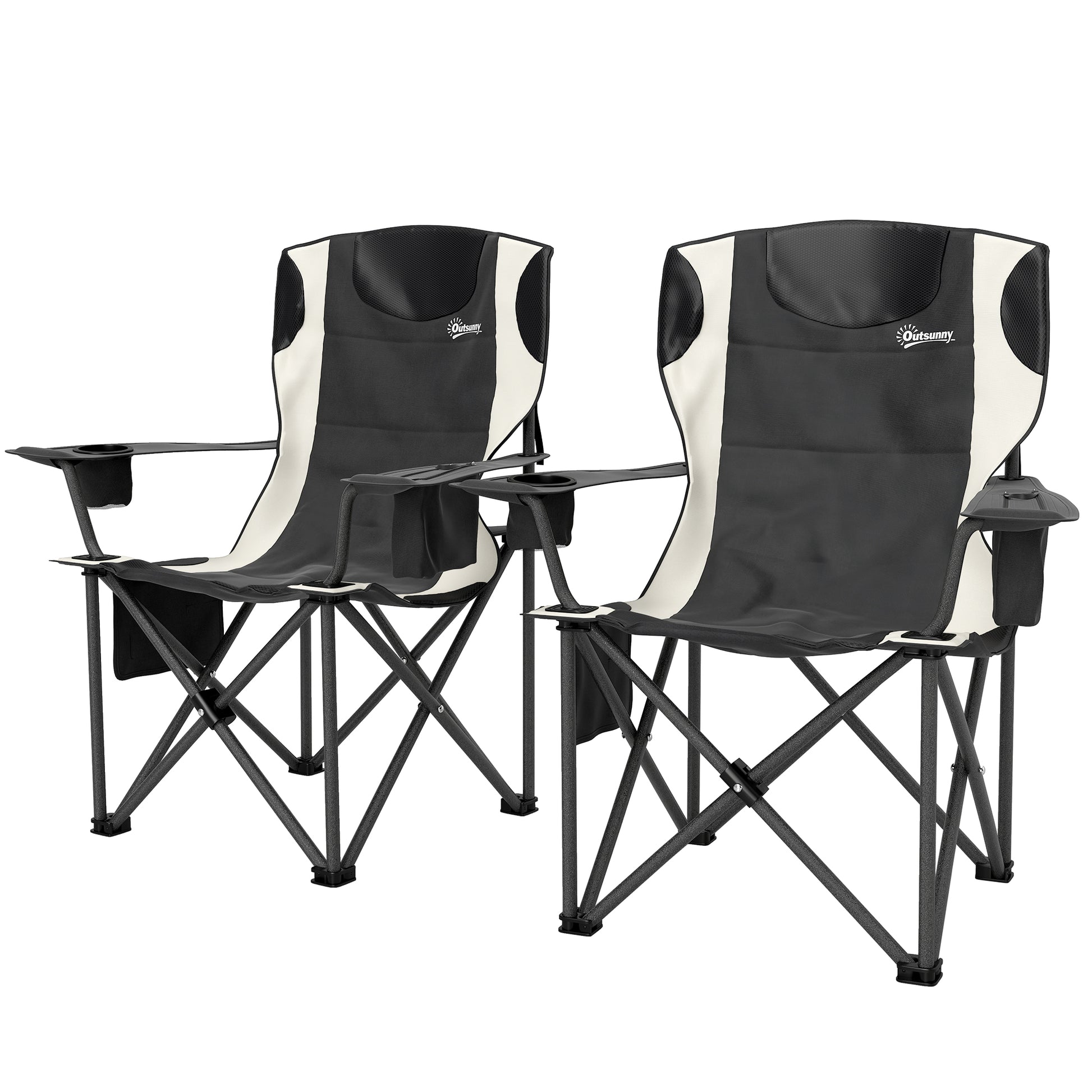 Set of 2 Folding Camping Chairs with Armrests, Drink Holder, Headrest, Cooler Bag Outdoor Folding Chair up to 120kg Load Capacity Padded Fishing Chair Garden Chair for Garden Camping