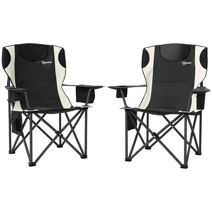 Set of 2 Folding Camping Chairs with Armrests, Drink Holder, Headrest, Cooler Bag Outdoor Folding Chair up to 120kg Load Capacity Padded Fishing Chair Garden Chair for Garden Camping