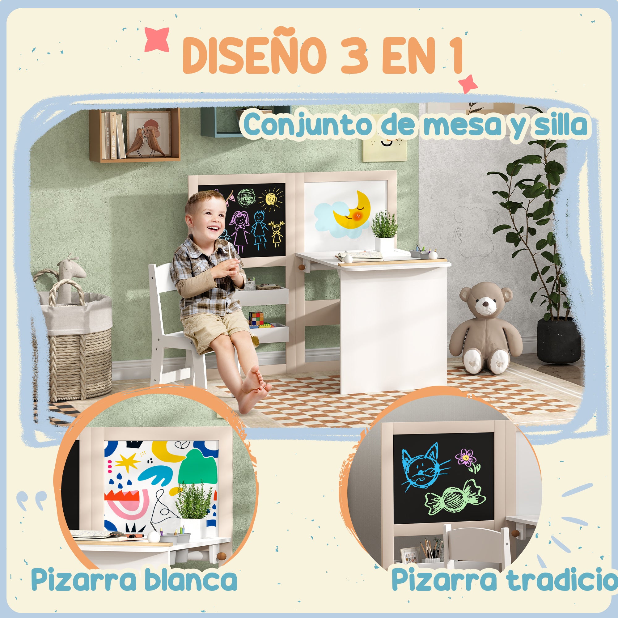 2-Piece Children's Desk and Chair Set Kids Table with Chair and Folding Easel Table for Children +3 Years with Shelves and Paper Roll for Bedroom Playroom White