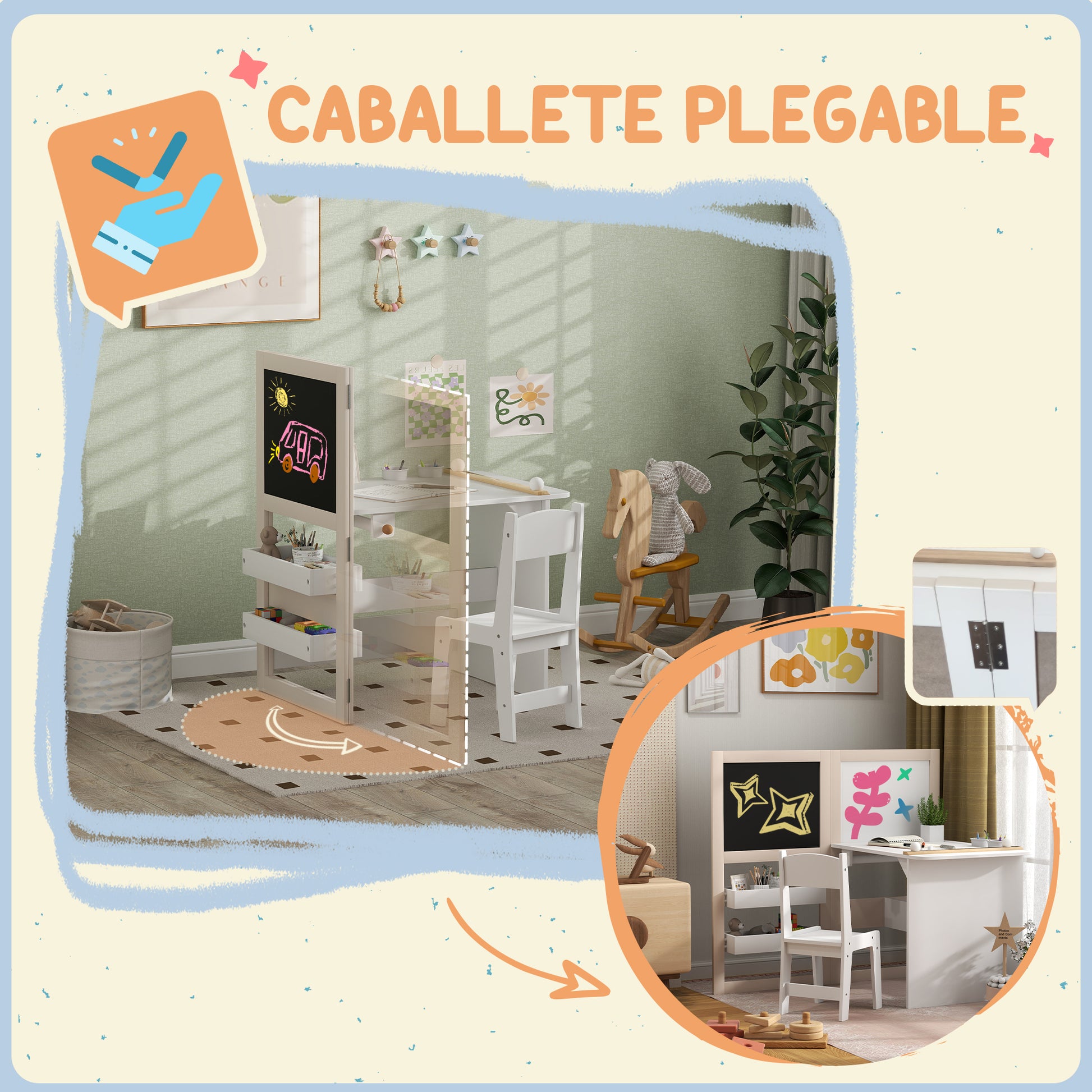 2-Piece Children's Desk and Chair Set Kids Table with Chair and Folding Easel Table for Children +3 Years with Shelves and Paper Roll for Bedroom Playroom White