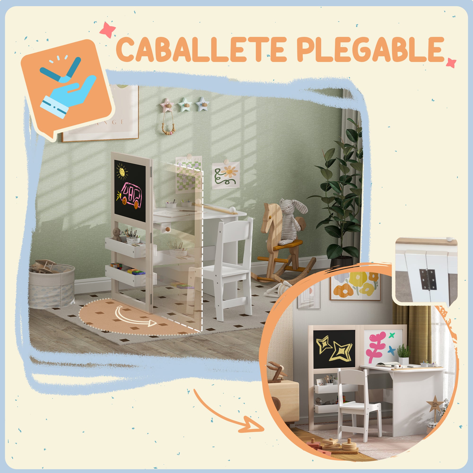 2-Piece Children's Desk and Chair Set Kids Table with Chair and Folding Easel Table for Children +3 Years with Shelves and Paper Roll for Bedroom Playroom White
