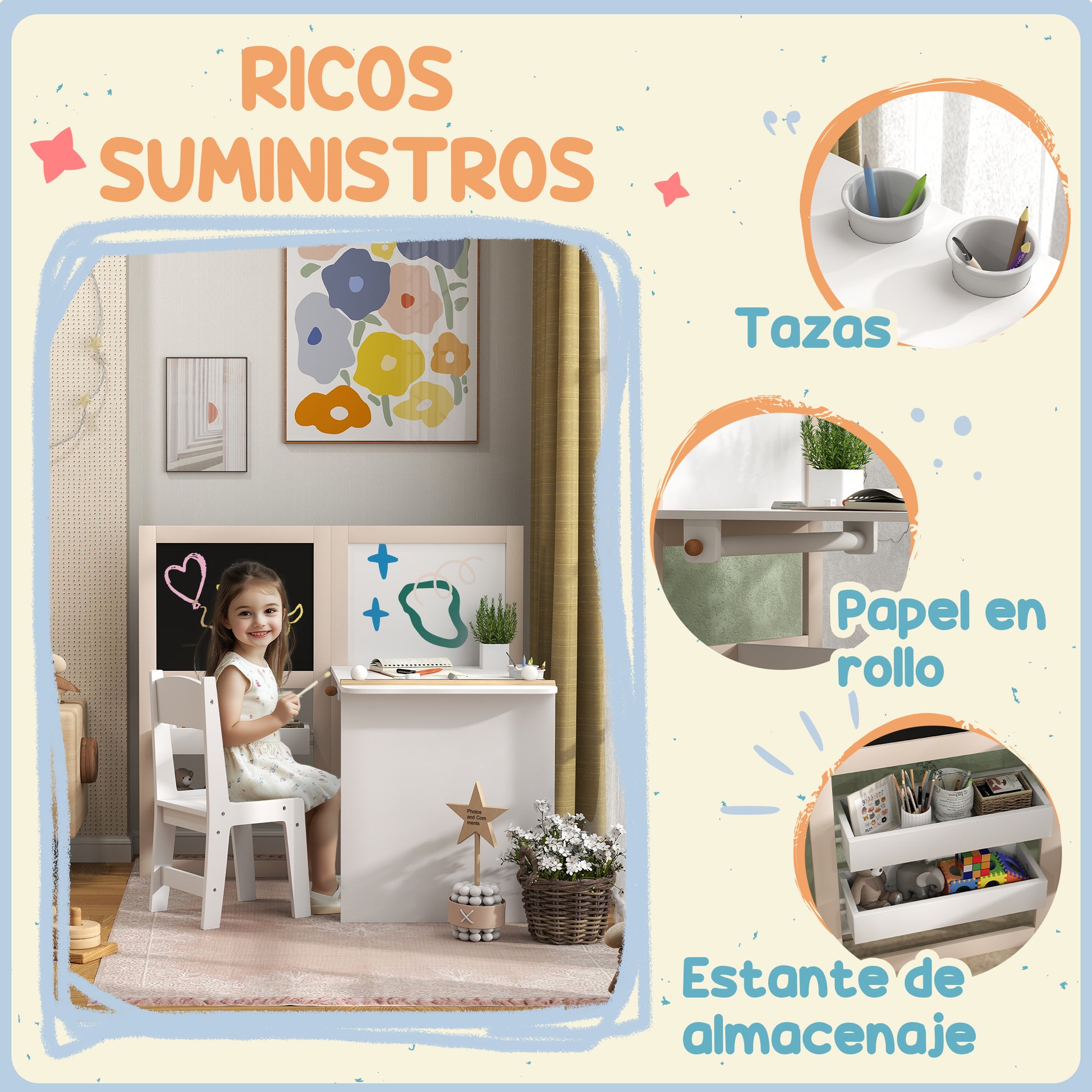 2-Piece Children's Desk and Chair Set Kids Table with Chair and Folding Easel Table for Children +3 Years with Shelves and Paper Roll for Bedroom Playroom White
